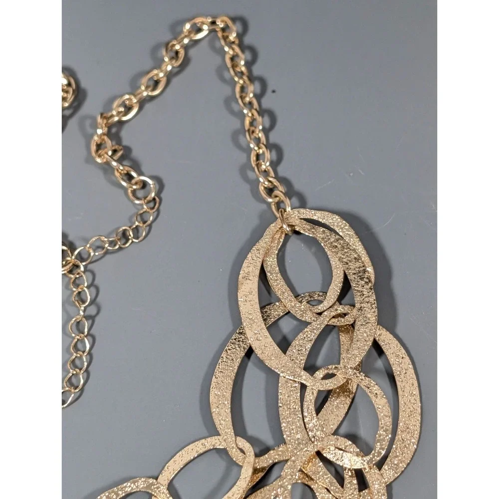 Gold Tone Textured Oval Chain Link Multi Strand Statement Necklace Lightweight 2